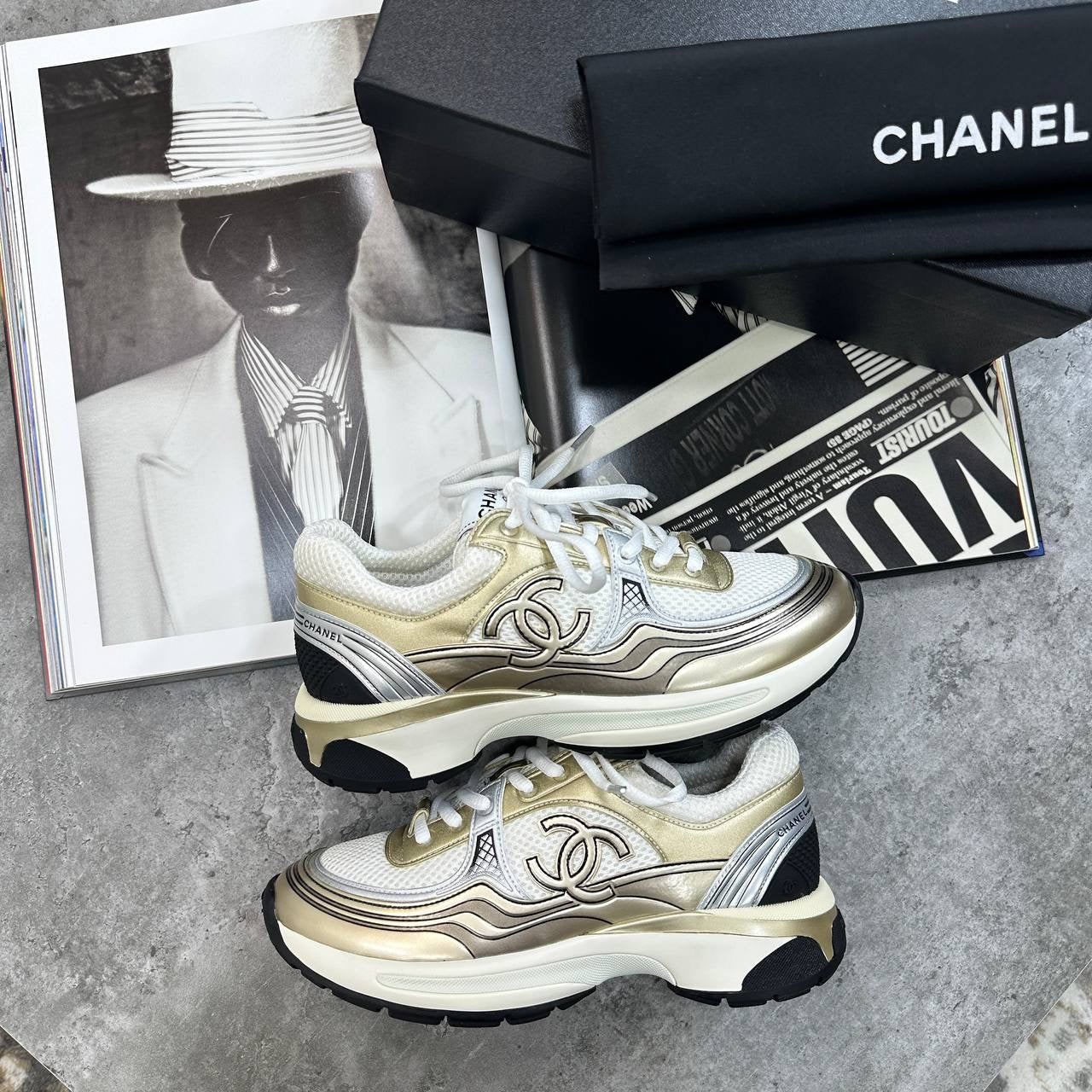 CHNEL LADIES TRAINER - GOLDEN -WHITE