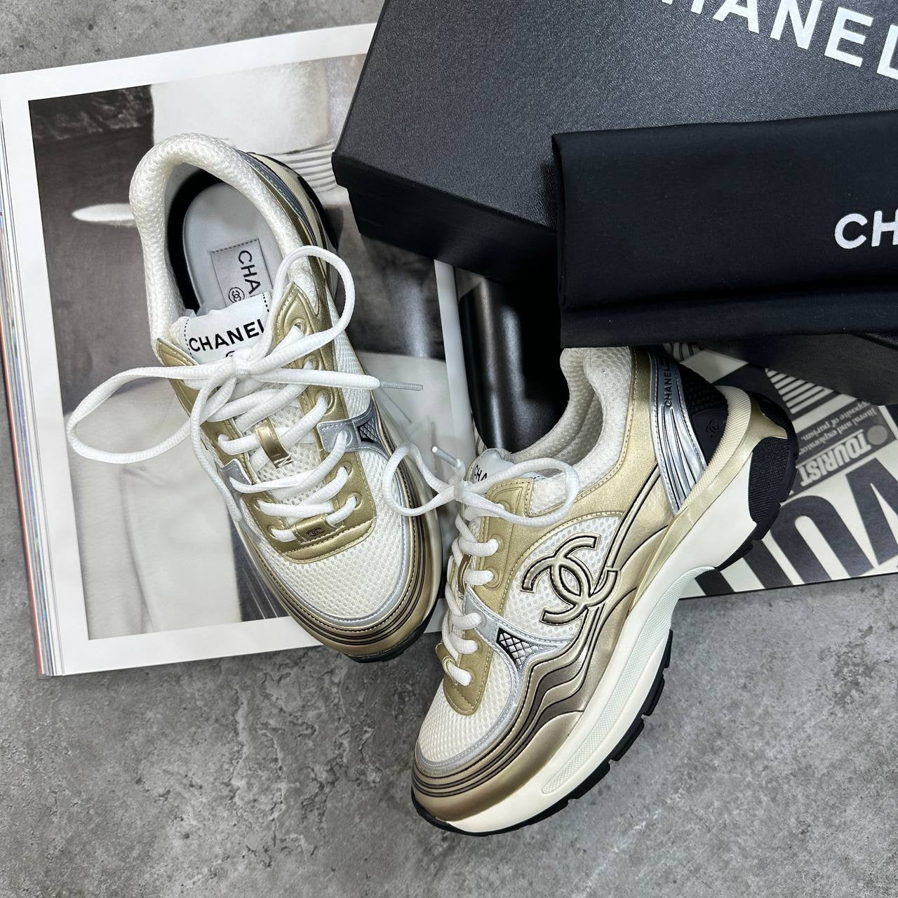 CHNEL LADIES TRAINER - GOLDEN -WHITE